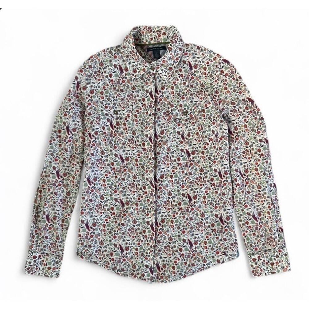 Tommy Hilfiger Preppy Floral Bird Pattern Cotton Button Up Long Sleeve Top Small